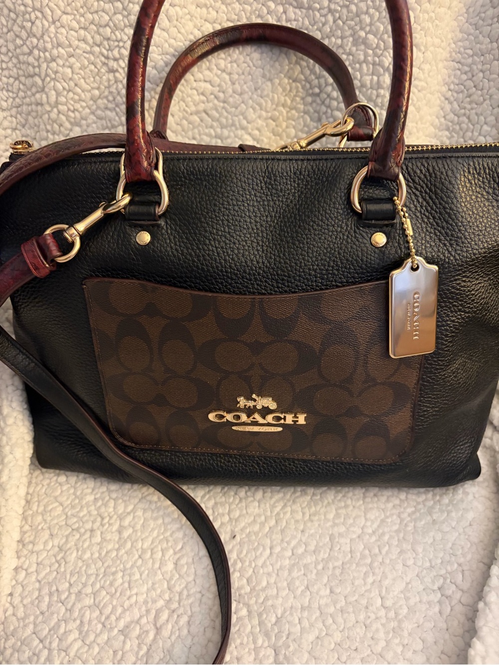 Coach Black Leather Satchel with Brown Signature Pocket and Burgundy Trim